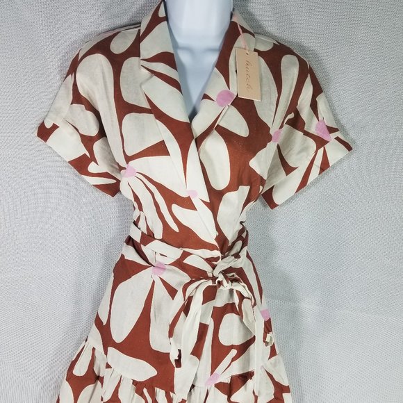 Hutch by Anthropologie Floral Wrap Mini Skirt Brown Motif Tie Wrap Dress NWT - Picture 1 of 6